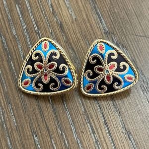 Vintage Avon Clip On Earrings Blue Goldtone‎ Triangle Art Nouveau